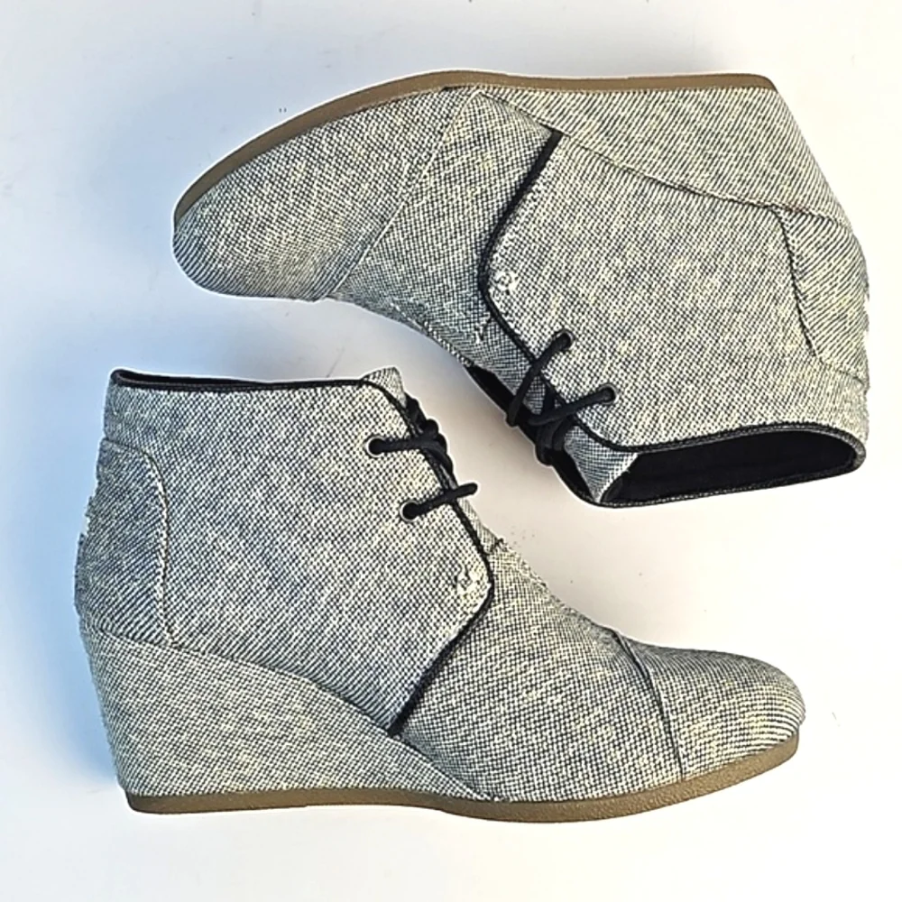 Toms Desert Wedge Linen Tweed Black White Metallic Gold Lace-up Ankle Bootie